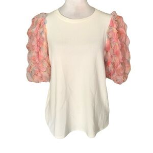 NWT Entro Women’s Small Cream Pink Flora Puff Sleeve Textured T-Shirt Top